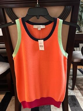 LOFT Bright Orange Knit Tank with Lime Trim and Navy Neck.New!